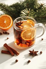 Warm tea with orange cinnamon and star anise on festive winter table