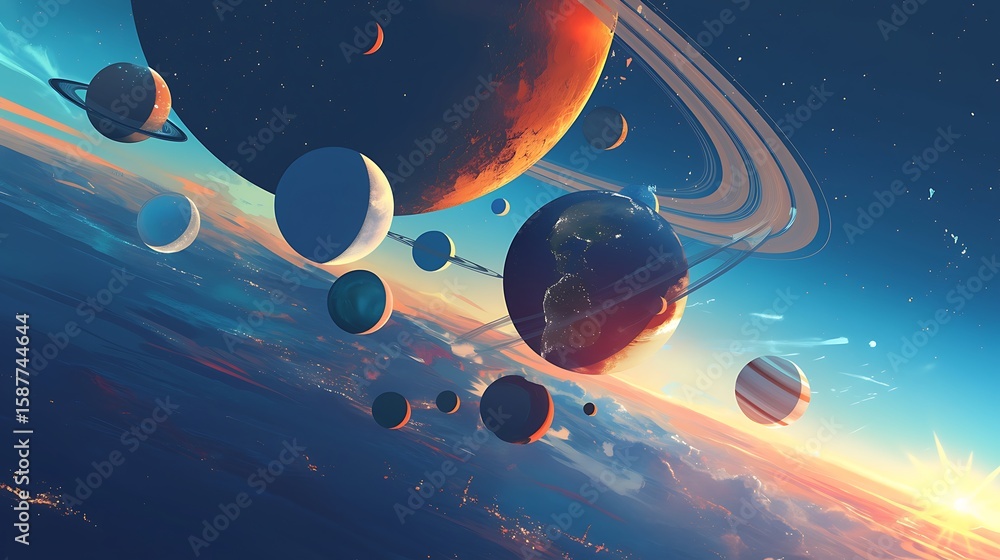 Poster many planets of various colors and types are stacked on top of each other.