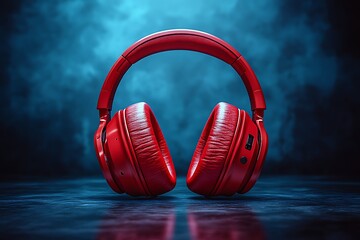 Red Headphones on Reflective Surface with Smoky Blue Background

