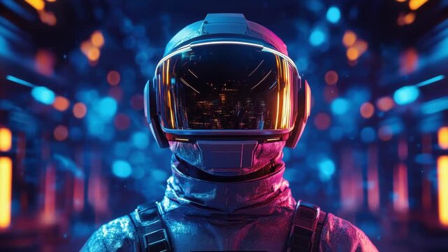 Futuristic astronaut helmet with reflective visor glowing neon blue and orange light sci fi space suit vibrant digital environment with bokeh light effects standing blurred high tech environment