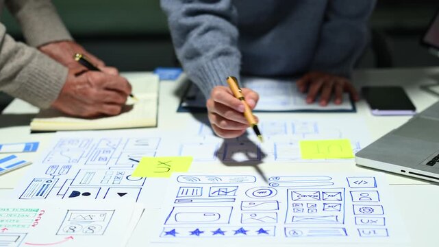 UX graphic designer planning application process development prototype wireframe for web smart phone.