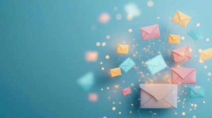 Pastel envelopes float and connect via digital network on teal backdrop, symbolizing communication, email, notifications, and information sha effectively.
