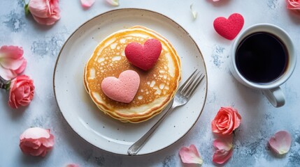 Romantic breakfast with pancakes hearts roses and cup of coffee
