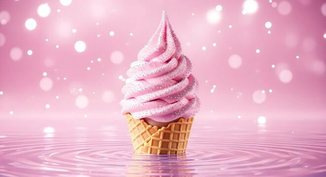 Dreamy Pink Soft Serve Ice Cream Cone with Glittery Sprinkles on Reflective Water