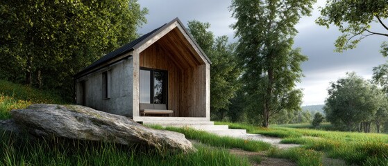 minimal house scandinavian concept. Modern cabin in a lush green landscape surrounded by trees and rocks.