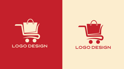 Modern shopping cart and bag logo design in red and beige color scheme, perfect for e-commerce branding, online store identity, retail business, or shopping app icon