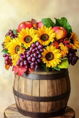 Rustic wooden barrel with sunflowers grapes apples and autumn leaves