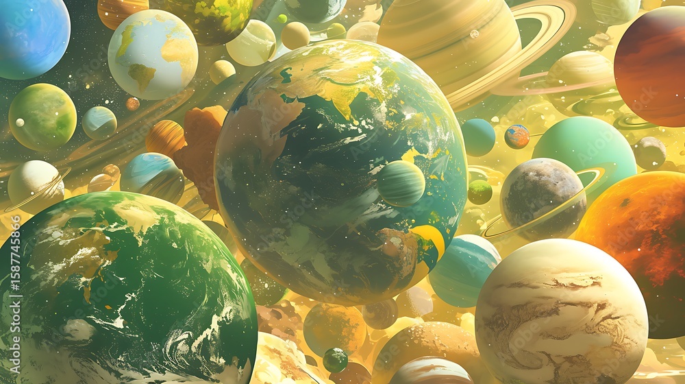 Poster many planets of various colors and types are stacked on top of each other.