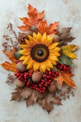 Autumn sunflower with leaves acorns and red berries on rustic background