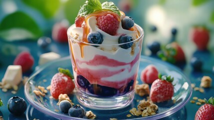 Glass of yogurt with berries granola and caramel sauce on plate