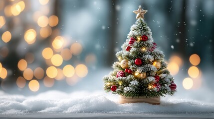 Obraz premium Small decorated Christmas tree with lights and ornaments in snowy landscape, with bokeh lights in the background.