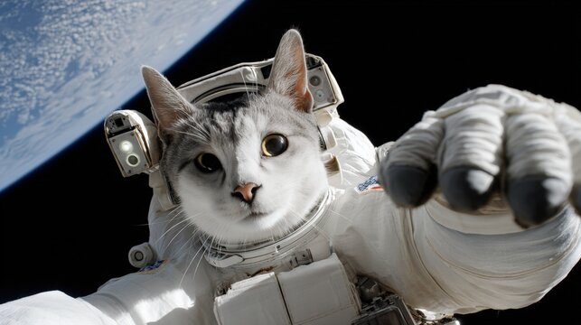 AI-generated image of a cat in an astronaut helmet gazing into space, blending sci-fi and pet themes.