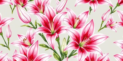 Delicate pink lilies, hand-drawn seamless pattern for elegant scrapbook & textile designs, surface, delicate