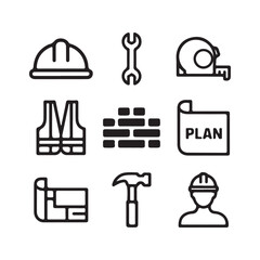 Collection of construction and building industry icons on a white background