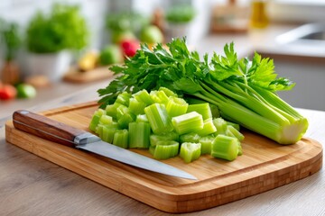 Fresh celery stalks and chopped celery on wooden cutting board with knife