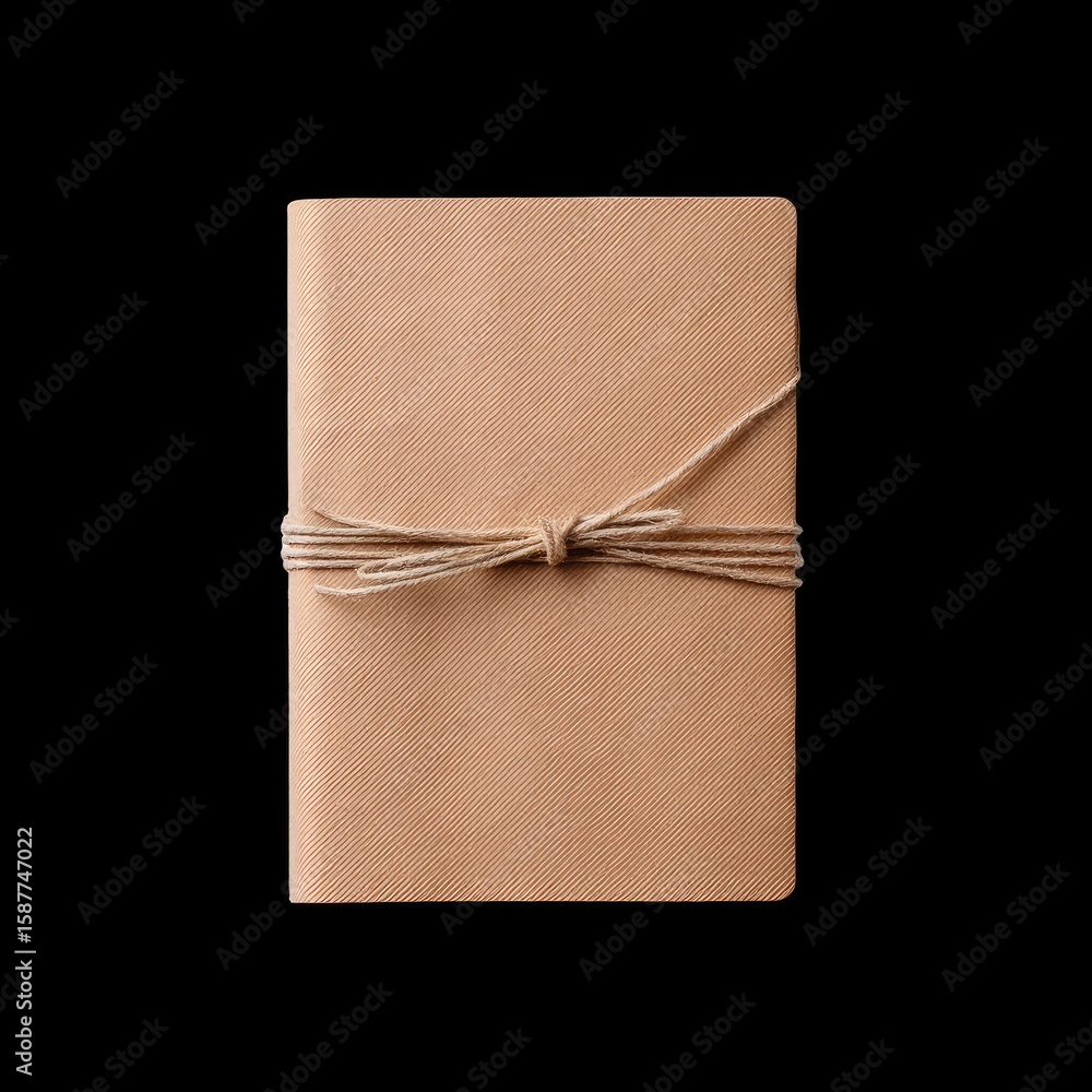 Poster aesthetic close-up of elegant brown notebook with twine on dark background for creative projects and