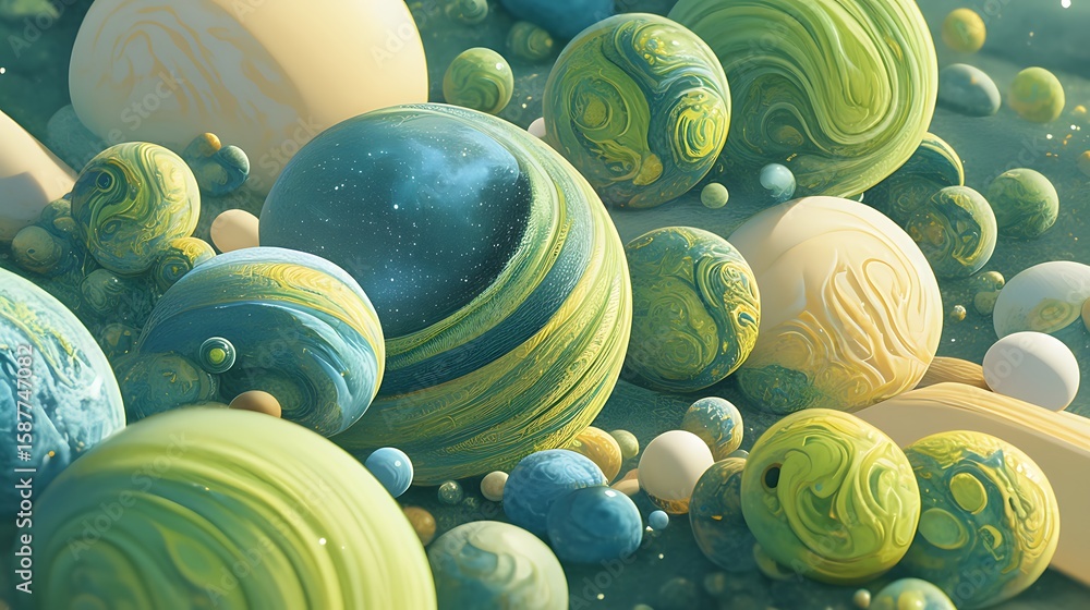 Poster many planets of various colors and types are stacked on top of each other.