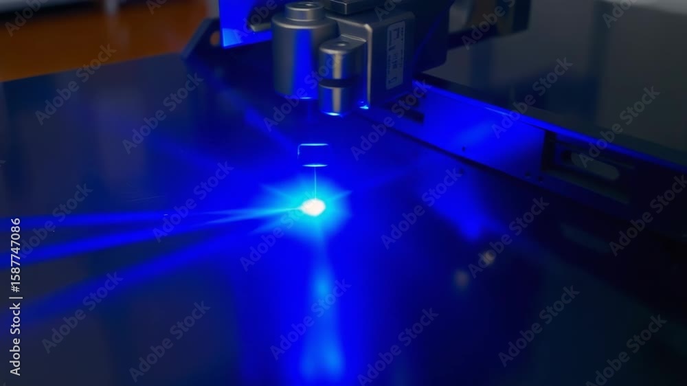 Poster a closeup view of a laser beam creating a bright blue spark explosion on a dark surface, symbolizing