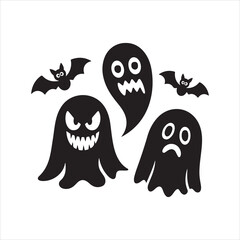 Cute and spooky halloween ghosts and bats with different expressions