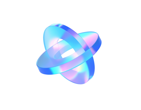 Futuristic 3D abstract knot of two interlocking rings with a smooth translucent iridescent surface.