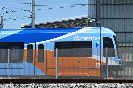 SANTA ANA, CALIFORNIA - 16 JULY 2025: Closeup of an OC Streetcar at the Maintenance and Storage Facility on 5th Street.