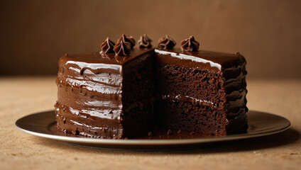 Close-up of chocolate cake placed on a cake stand, brown background.