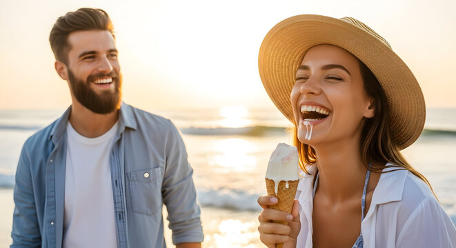 Happy Couple Enjoying Melting Ice Cream on a Golden Hour Beach Trip