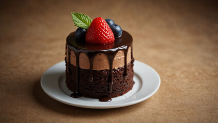 Close-up of chocolate cake placed on a cake stand, brown background.