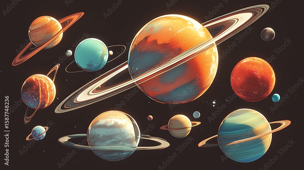 Poster many planets of various colors and types are stacked on top of each other.