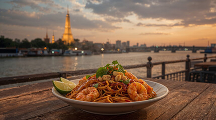 Front view of Pad Thai with fresh shrimp on a plate, a traditional Thai food set, with Wat Arun in the background.