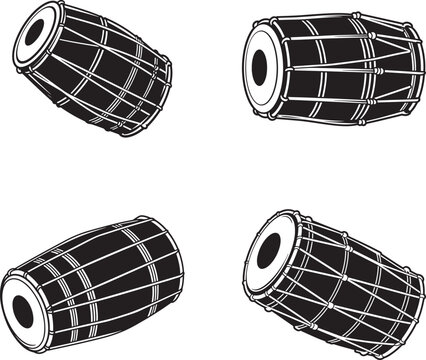 Four dhol drums in black and white silhouette style