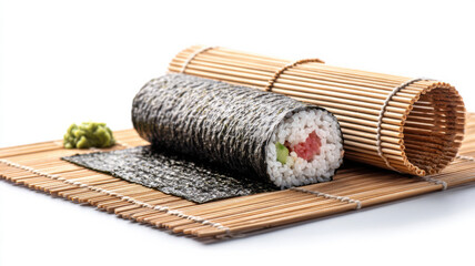 Naklejka premium Rolling sushi with bamboo mat and nori sheet