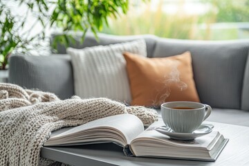 Serene home space, cozy throw blanket, tea and book on modern coffee table