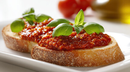 Spreading tomato paste on bruschetta base