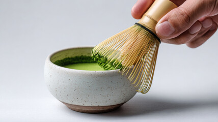 Stirring matcha tea with bamboo whisk, clean aesthetic