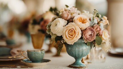Pastel Roses in Vintage Vase Table Setting
