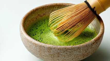 Stirring matcha tea with bamboo whisk, clean aesthetic