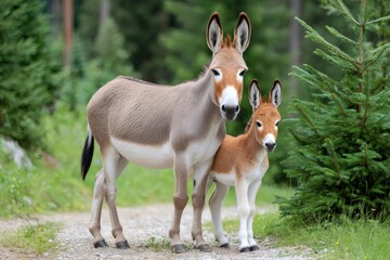Donkey mother and her foal standing on a path in a forest