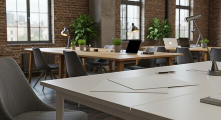Fototapeta premium Spacious co-working office featuring contemporary furniture, task lighting, and green foliage.