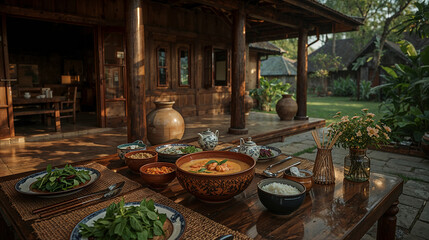 Front view of various food arrangements in bowls. Traditional Thai food set. Thai house in the background.