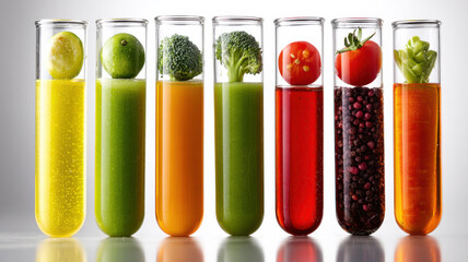 Test tubes with colorful liquids representing different vitamins found in fruits and vegetables