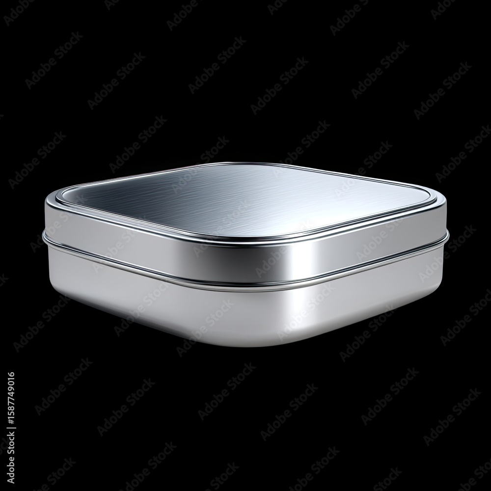 Aufkleber metallic square tin container with smooth surface and shiny finish on black background