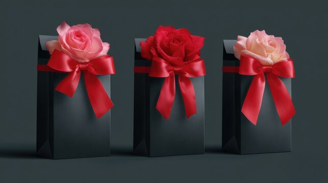 Three black gift bags with red bows and roses on top, arranged in a row against a dark background.