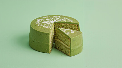 Close-up of green tea latte placed on a cake stand, light green background.
