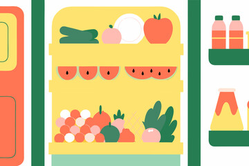 Fototapeta premium Refrigerator contents showing fresh food in vibrant colors, including fruits, vegetables, and drinks. Refrigerator contents are diverse and offer healthy choices, promoting nutritious eating habits.