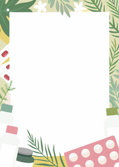 Blank medical poster on floral background with pills for healthy lifestyle promotion. Medical poster includes bottle of medicine and leaf decoration for pharmacy promotions.