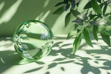 Seamless looping animation with soft plant shadows, glass ball reflections, modern green mockup