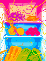 Fototapeta premium Vibrant Illustrated Refrigerator with Colorful Vegetables and Fruits for Healthy Eating Blogs, Nutrition Awareness Websites, Food Education, and Lifestyle Social Media Content 