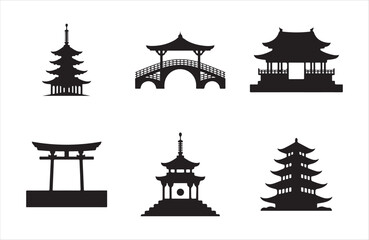 Collection of traditional japanese architecture silhouettes pagodas torii gate and bridge