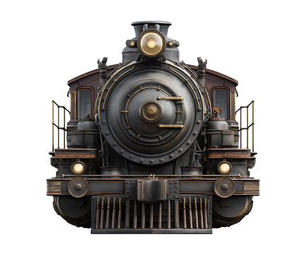 Vintage train front view icon, old train locomotive isolated on a transparent background